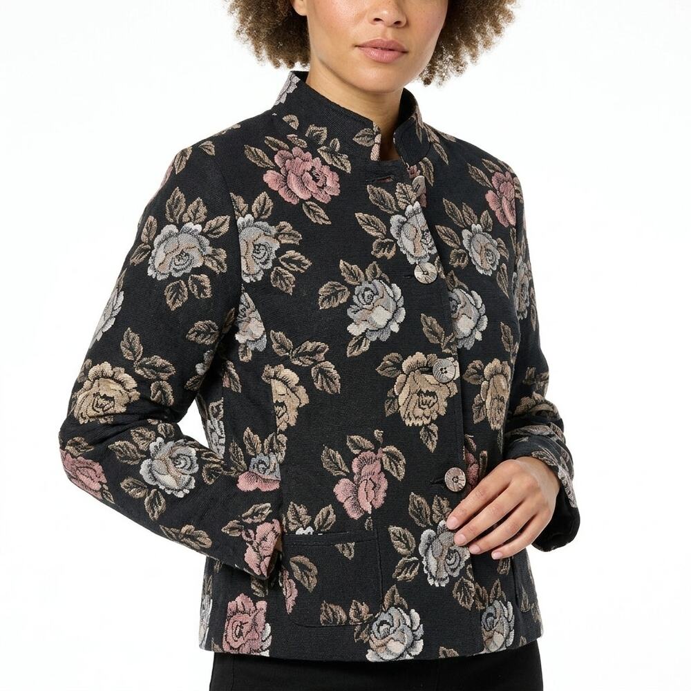 Field Manor Polyester Blend Black Floral Stretch Jacket Women Size L